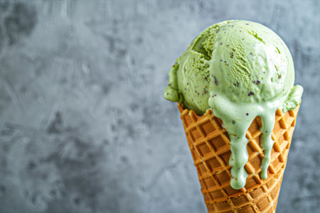 Green tea ice cream in waffle cone on gray background, copy spaceの素材