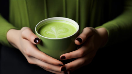 Woman hands holding a cup of matcha latte on black backgroundの素材