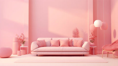 Pink living room with pink sofa and pink armchair.の素材