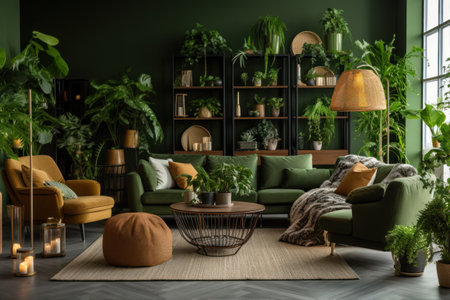 Interior of modern living room with green sofa, coffee table and plantsの素材