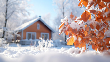 Beautiful winter landscape with snow covered trees and house in the backgroundの素材