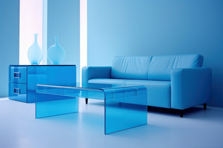 blue living room with blue sofa and coffee tableの素材