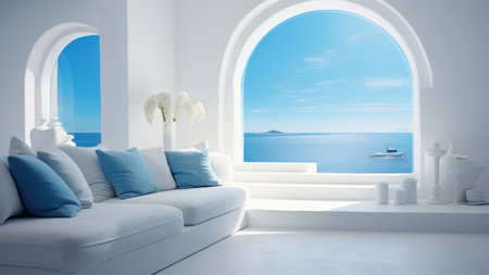 White living room with sea view and blue sofa.の素材