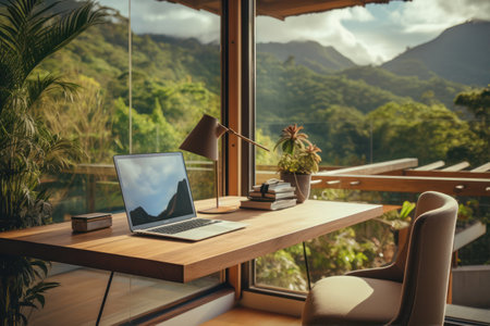 Laptop and coffee cup on wooden table in coffee shop with nature viewの素材