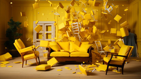 3d rendering of a yellow living room with furniture and falling booksの素材