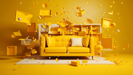 3d rendering of a yellow sofa with pillows on a yellow backgroundの素材
