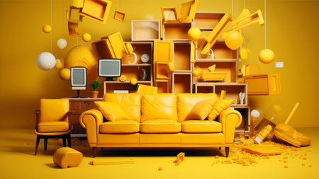 Yellow living room interior with yellow sofa and toys. 3d renderingの素材