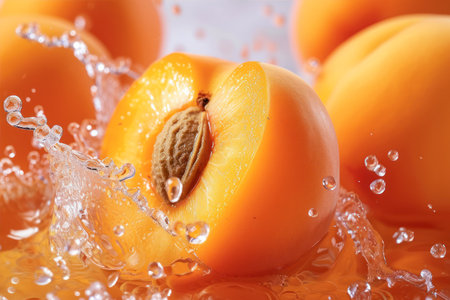 Fresh apricots in water splash, close up. Healthy foodの素材