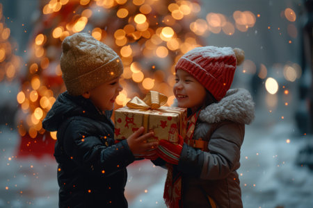 Two cute little children, boy and girl, opening Christmas gift box on the background of Christmas decorationsの素材