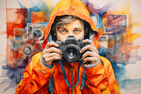 Portrait of a girl in an orange raincoat with a cameraの素材