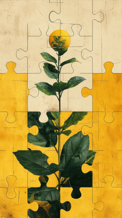 Jigsaw puzzle with yellow flower on yellow background. Copy space.の素材