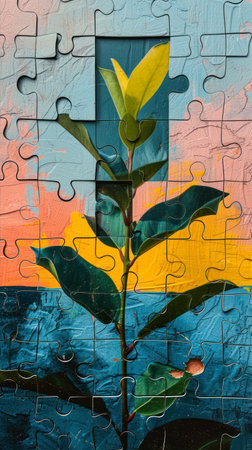 Jigsaw puzzle with green plant on colorful background, creative concept.の素材