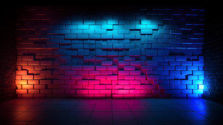 Neon brick wall background. 3D rendering. Neon light.の素材