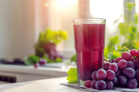 Grape juice in a glass with fresh grapes on the kitchen table.の素材