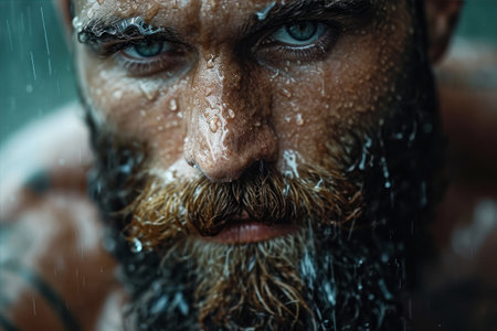 Close-up portrait of a brutal man with a long beard and mustache in wetの素材