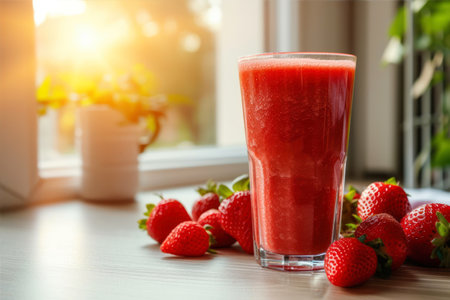 Strawberry smoothie in a glass on the windowsill.の素材
