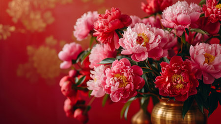 Bouquet of pink peonies in vase on red backgroundの素材
