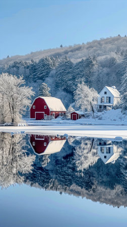 Reflection of a red barn on a frozen lake in winter.の素材