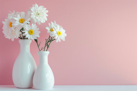 White vase with chamomile flowers on pink background.の素材