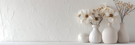 White flowers in vases on white wooden shelf against white wall with copy spaceの素材
