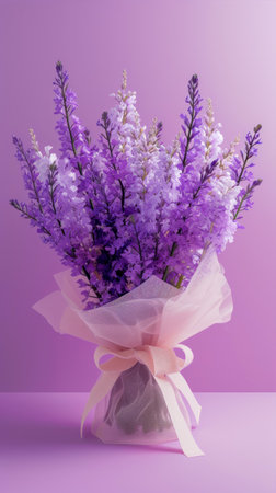 bouquet of purple and violet heather flowers on a purple backgroundの素材