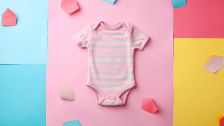 Baby clothes on colorful background. Flat lay, top view, copy spaceの素材