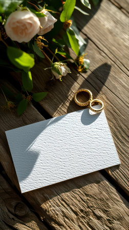 Wedding rings on a white sheet of paper on a wooden backgroundの素材