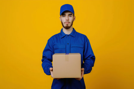 Delivery man in blue uniform holding cardboard box isolated on yellow background.の素材