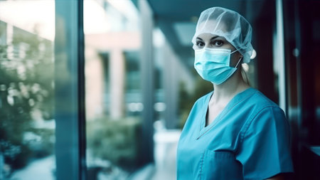 Portrait of a female surgeon at work in a hospital corridor.の素材
