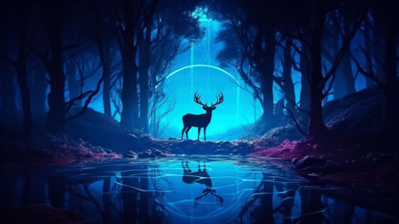 Silhouette of a deer in the forest at night. 3D renderingの素材
