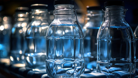 Bottles of water on a shelf in a bar, close upの素材