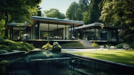 Modern house in the park with a beautiful landscaped garden. Toned.の素材