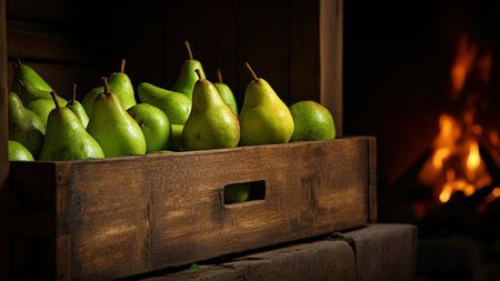 Pears in a wooden box on a background of a burning fireplaceの素材