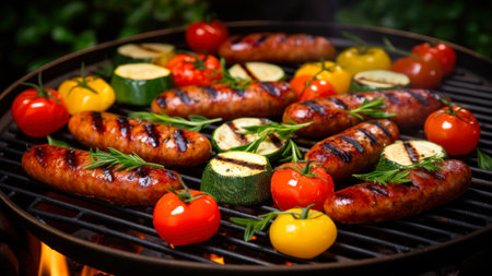 Grilled sausages with vegetables on the grill, closeupの素材