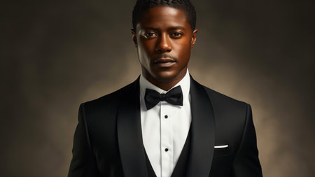 Young african american man in tuxedo on dark backgroundの素材