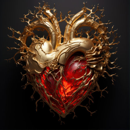Heart with golden veins on a black background. 3d illustration.の素材