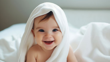 Close-up portrait of a cute smiling baby wrapped in a towelの素材