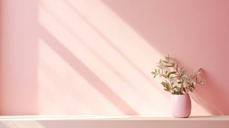 Pink vase with eucalyptus branches on shelf in sunlightの素材