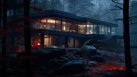 3d rendering of modern house in the forest at night with fogの素材