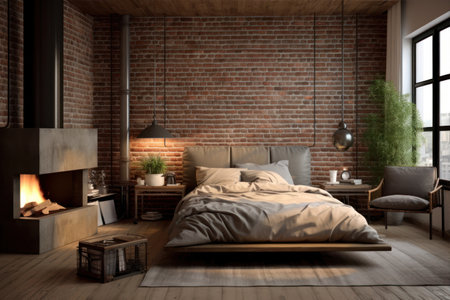 loft bedroom with brick wall and wooden floor. Interior design.の素材