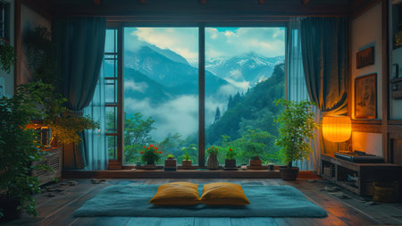cozy room with a view of the mountainsの素材