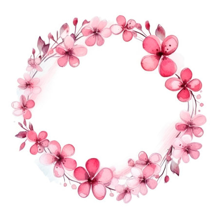 Watercolor floral wreath with pink flowers isolated on white background.の素材