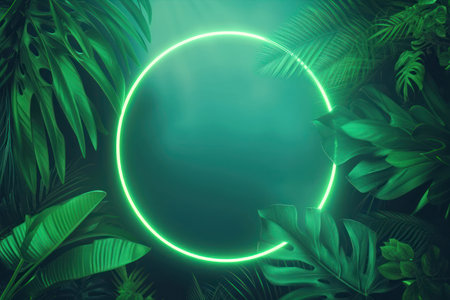 Abstract background with palm leaves and neon circle.の素材
