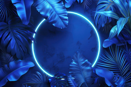 Blue neon background with tropical leaves and circle frame.の素材
