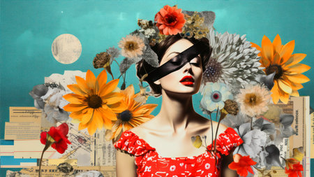 Portrait of a beautiful young woman in a red dress and black maskの素材