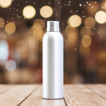 Blank white cosmetic bottle on wooden table with bokeh light background.の素材