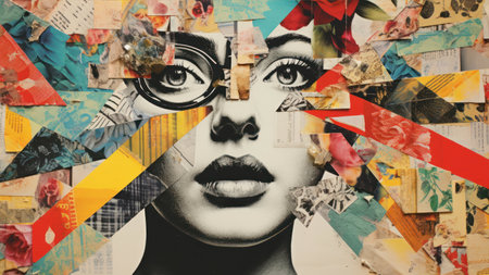Portrait of a beautiful young woman with creative make-up and art collageの素材