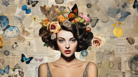 Portrait of a beautiful woman with flowers in her hair. Retro style.の素材
