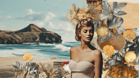 art collage with a Fashionable woman in a white dress posing on the beach.の素材