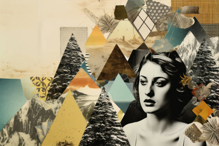 art collage with a beautiful woman and mountains in the background.の素材